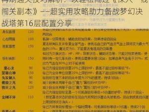 再刷通关技巧解析：以轻松闯过《深入一线闯关副本》——超实用攻略助力备战梦幻决战塔第16层配置分享